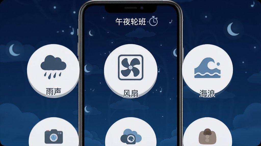 一张“午夜轮班”应用内白噪音功能的界面截图示意图,手机屏幕显示“午夜轮班”应用,界面中央有几个圆形按钮,分别标注“雨声”、“风扇”、“海浪”等图标,背景为深蓝色夜空,风格静谧,画质干净,无多余元素。