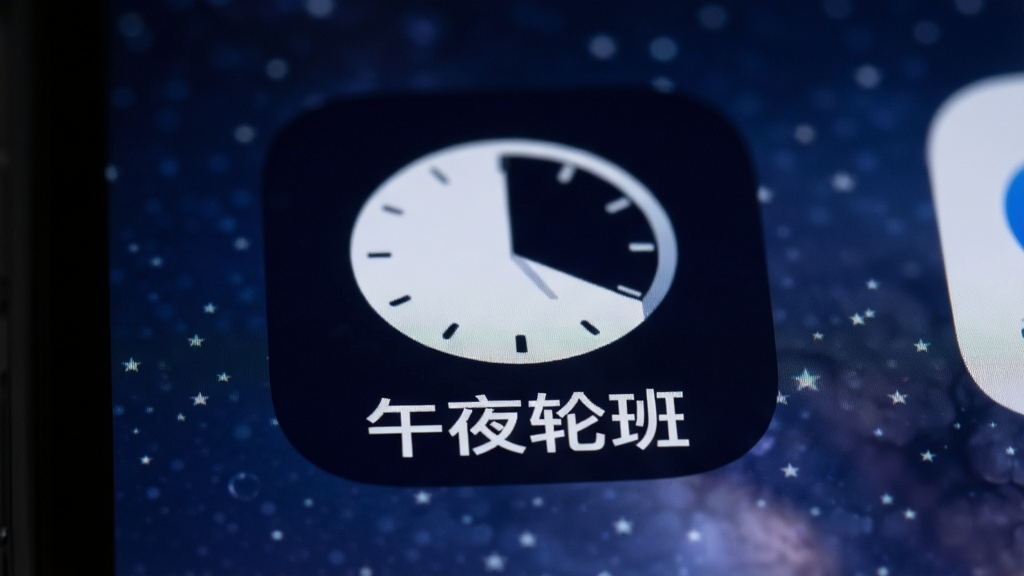 一张“午夜轮班”应用在手机桌面上的图标特写,图标设计简洁,背景为深色,图标下方有“午夜轮班”文字,手机屏幕背景是模糊的夜晚星空,整体风格统一,画质干净,无多余元素。