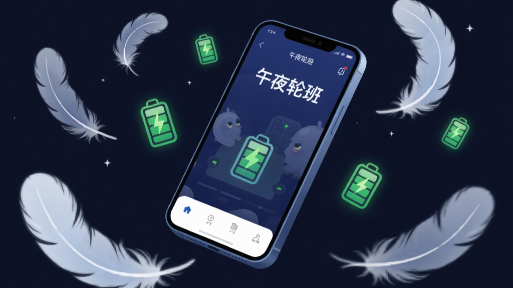 一张表现“午夜轮班”应用轻量省电特性的创意插画,画面中一部手机漂浮在深色背景上,手机周围环绕着轻飘飘的羽毛和绿色的电池图标,手机屏幕显示“午夜轮班”应用界面,整体风格轻松、科技感,画质干净,无多余元素。