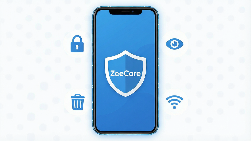 一张展示ZeeCare手机安全防护软件核心全貌的图片,主体是一部现代智能手机,屏幕中央显示着ZeeCare的盾牌形Logo,周围环绕着简洁的防护图标如锁、眼睛、垃圾箱和WiFi信号,布局采用居中对称式,排版清晰,风格为扁平化科技蓝白配色,细节上手机边缘有微光点缀,Logo线条圆润,画质高清干净,无多余元素