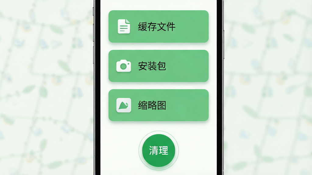 一张ZeeCare垃圾清理功能的AI生图,主体是手机屏幕显示着三个分类卡片,分别标注“缓存文件”“安装包”“缩略图”,卡片下方有一个圆形的清理按钮,布局为纵向排列,排版间距宽松,风格为清新绿色调,细节上卡片有微小的阴影,画质干净清晰,无多余元素