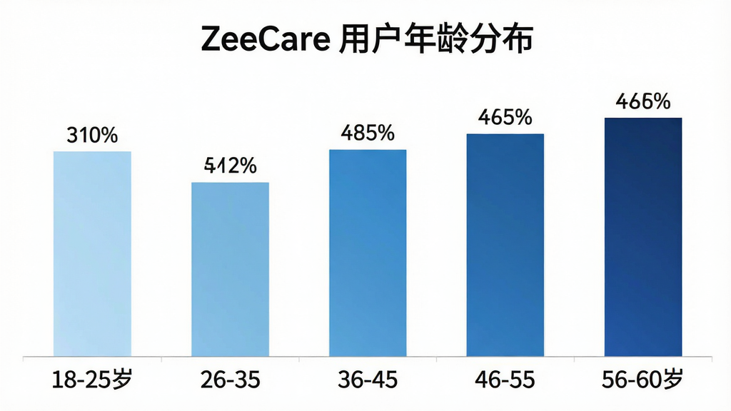一张展示ZeeCare用户年龄分布的柱状图,主体是五个不同高度的柱子分别代表18-25岁、26-35岁、36-45岁、46-55岁、56-60岁年龄段,布局为水平排列,排版清晰,风格为扁平化数据可视化,细节上柱子颜色从浅蓝到深蓝渐变,每个柱子上方标注百分比数字,画质干净清晰,无多余元素