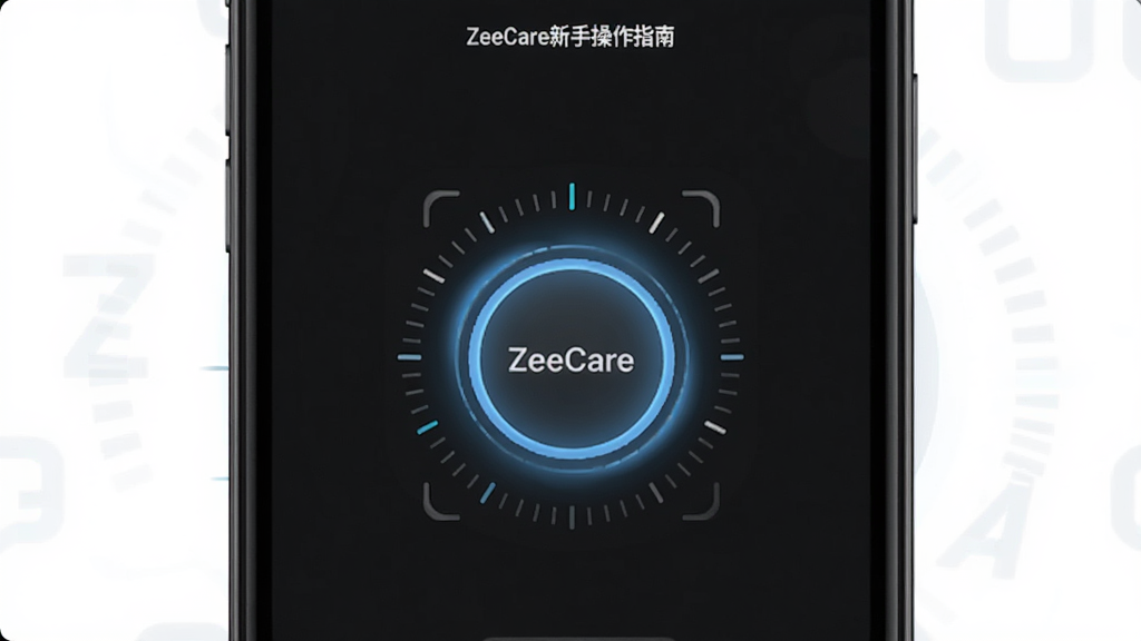 一张ZeeCare新手操作指南的AI生图,主体是手机屏幕显示着ZeeCare的扫描界面,界面中间有一个圆形的扫描按钮,按钮周围有旋转的刻度线,布局上按钮位于屏幕中央,排版简洁,风格为深色模式科技风,细节上按钮有微弱的蓝光脉冲,画质高清干净,无多余元素
