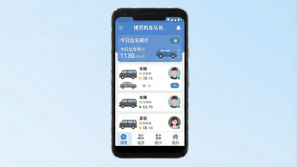 һ���ֻ�Ӧ�ý���չʾͼ������������һ����׿�ֻ�����Ļ����ʾ����˾�����ӳ���APP�������棬�����г������ƺͽ��ճ���ͳ�ƣ��м��ǳ����б���˾��ͷ�񣬵ײ��е��ȡ���Ա��ͳ�ơ��ҵ��ĸ�ѡ��������Ǹɾ���ǳ��ɫ���䣬����ִ���ƽ��ϸ��Բ�󣬻����������޶���Ԫ��