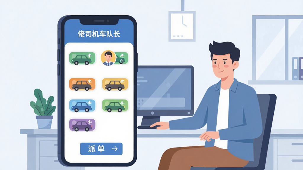 һ�ű�ƽ�����Ĳ�ͼ��������һλ��������װ���������ڰ칫��ǰ����ǰ��һ���Ŵ���ֻ���Ļ����Ļ����ʾ����˾�����ӳ����ĳ���������壬��ͬ��ɫ�ĳ���ͼ�������ͬ״̬���Ա���˾��ͷ����ɵ���ť�������Ǽ��İ칫�һ���������ִ����죬���ʸɾ����޶���Ԫ��