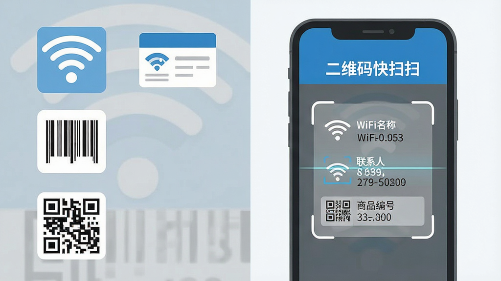 һ����Ϣͼ���ͼƬ���������������WiFiͼ�ꡢ��Ƭͼ�ꡢ�����롢��ά���ĸ�Сͼ�꣬�Ҳ���һ���ֻ���ʾ����ά���ɨɨ����ɨ����ҳ�棬ҳ����ͬʱչʾ��WiFi���ƺ����롢��ϵ����Ϣ����Ʒ��ŵȲ�ͬ��ʽ���ݣ����ͳһΪ��ƽ������ɫ�����׻�Ϊ���������������Ű�����