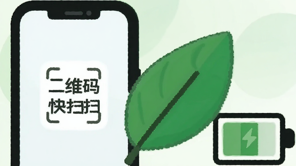һ�ű�ƽ���廭��������һ���ֻ��Ա߷���һƬ��ɫ����Ҷ��һ�����ͼ�꣬�ֻ���Ļ����ʾ����ά���ɨɨ����ͼ�꣬�������������ʡ�硢�����ĸ������Ϊǳ��ɫ���䣬������¼�࣬���ʸɾ��޶���Ԫ��
