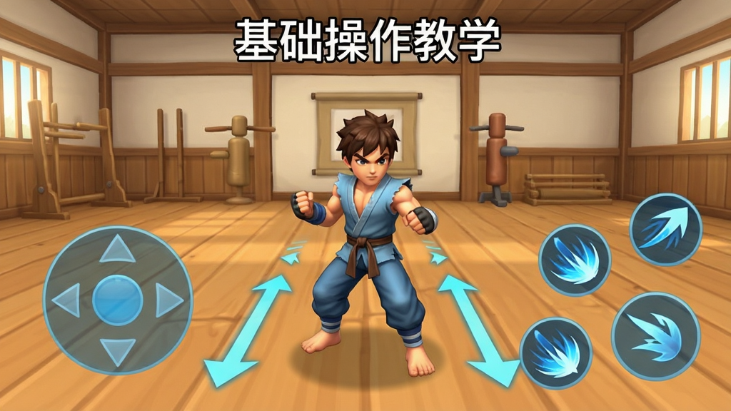 天天炫斗新手教程界面示意图,画面中一位穿着新手布衣的格斗角色站在训练场中央,身旁有半透明的虚拟摇杆和技能按钮标识,地面有连招教学箭头指示,背景是简洁的木质道馆场景,顶部显示「基础操作教学」字样,整体风格清新明快,画质干净无多余元素