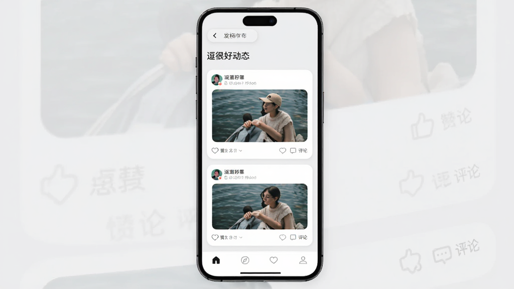 �ֻ�����չʾ�����ܺá���̬�㳡���������ٲ����������û�������ͼ�Ŀ�Ƭ��ÿ�ſ�Ƭ�е��޺�����ͼ�꣬������ǳ��ɫ������Ϊ����������ť���м���Ϣ�����ײ���������������죬ϸ����Բ�ǿ�Ƭ�����ʸɾ��޶���Ԫ��