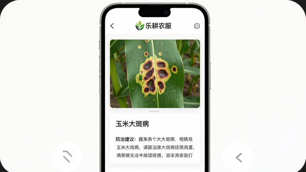 手机屏幕显示“乐耕农服”病虫害识别结果页面,上方是一张玉米叶片病斑的实拍照片,下方列出识别结果“玉米大斑病”以及防治建议文字,界面以白色卡片式布局,顶部有“乐耕农服”logo,整体风格专业简洁,画质清晰