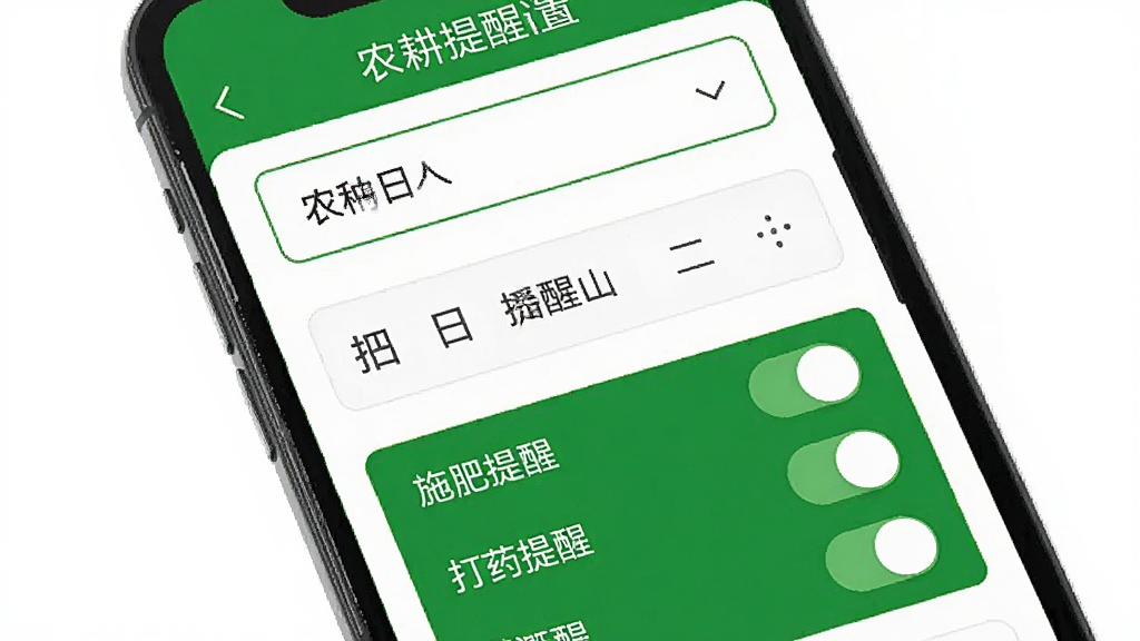手机屏幕显示“乐耕农服”农事提醒设置页面,上方是作物选择下拉菜单,中间是播种日期选择器,下方是提醒开关列表,包括施肥提醒、打药提醒、灌溉提醒,界面以绿色和白色为主,布局清晰,按钮大而醒目,画质干净