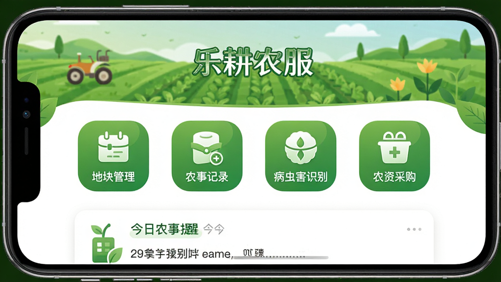 手机屏幕中央显示“乐耕农服”应用主界面,上方是绿色的农田插画背景,中间排列着地块管理、农事记录、病虫害识别、农资采购四个大图标按钮,下方是今日农事提醒卡片,整体风格清新自然,以绿色和白色为主色调,布局简洁明了,图标圆润清晰,画质干净无多余元素