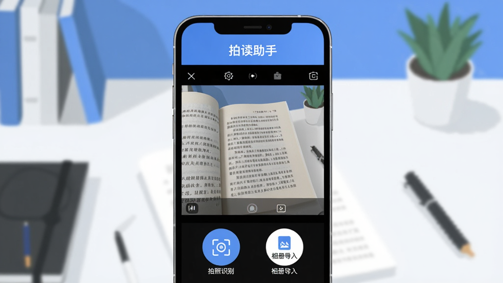 �Ķ�����App������չʾ���ֻ���Ļ������ʾ���ȡ�����׼һҳ�鱾���֣��·��С�����ʶ�𡱺͡���ᵼ�롱����Բ�ΰ�ť������������ɫ��Ϊ���������С��Ķ����֡����ֱ�ʶ�������Ǽ�Լ����������������ִ���ƽ��ϸ�����������ʸɾ��޶���Ԫ�ء�