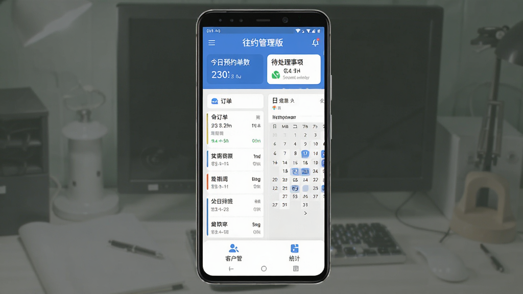 ��Լ������APP������ȫòչʾ������������һ̨��׿�ֻ�����Ļ�ڳ��ּ���������ɫ������̨��������ʾ����ԤԼ�����ʹ���������в�Ϊ�����б��������Ű���ͼ���ײ��пͻ�������ͳ����ڣ����岼������������ִ���ƽ��ͼ��Բ�󣬻��ʸɾ��޶���Ԫ�ء�