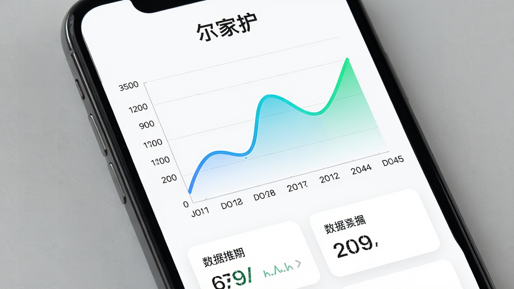 一张手机屏幕显示健康数据折线图,图表上方有“尔家护”字样,折线颜色为蓝绿渐变,横轴为日期纵轴为数值,图表下方有数据摘要卡片,背景纯白,风格极简现代,画质清晰锐利,无多余装饰元素