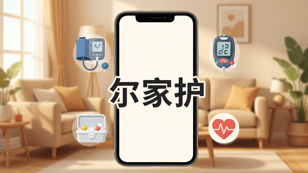 一张手机屏幕展示界面,屏幕中央显示“尔家护”三个大字,周围环绕着血压计、血糖仪、药盒、心率图标等健康元素,背景是温馨的家庭客厅场景,色调温暖柔和,风格现代扁平,画质清晰干净,无多余杂乱元素