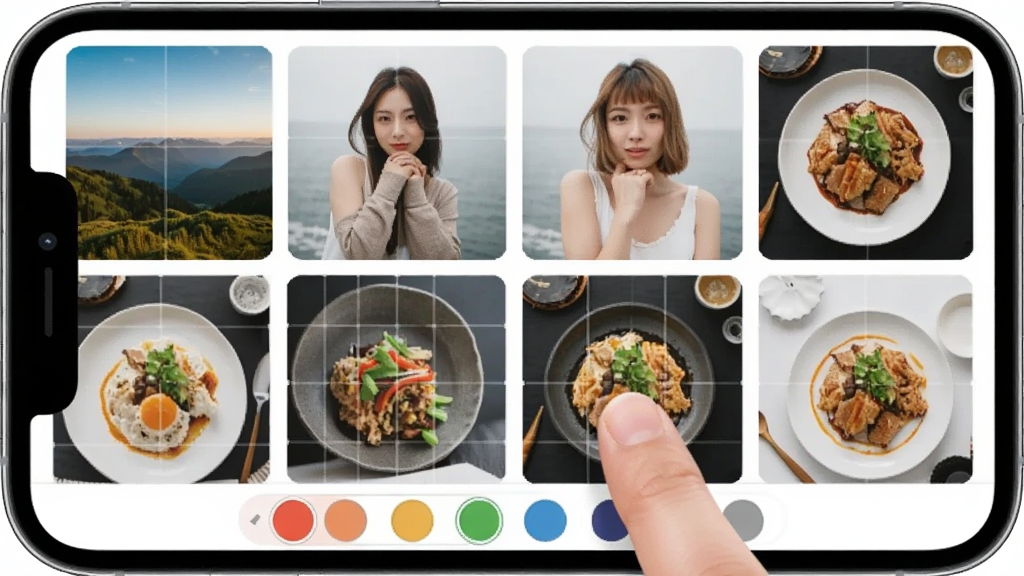 չʾ��APP��һ���Ű��������ܽ��棬����չʾ�ֻ���Ļ���ж����Ƭ����ģ�壬ÿ��ģ��������Ų�ͬ������Ƭ���з羰�������ʳ������ײ�����ɫѡ�������û�������ָ�������һ��ģ�壬����ֱ�ۣ�����������������ʸɾ����޶���Ԫ�ء�