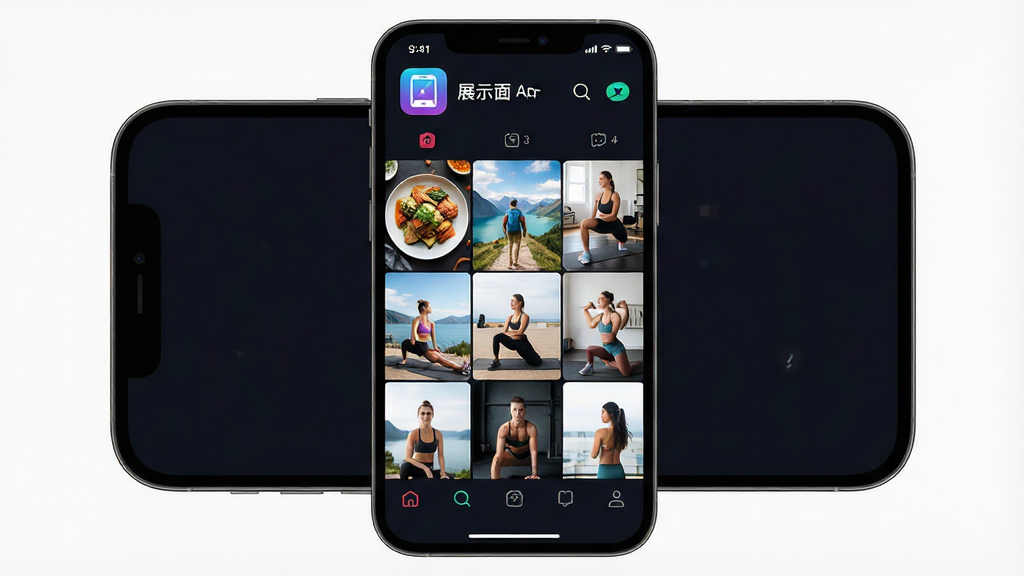 һ���ֻ���Ļչʾͼ�����������ǡ�չʾ�桱APP��ͼ��������棬������Ƽ��ʱ�У�������ɫ����������ɫ��׺��������չʾ�žŹ�����Ƭǽ��Ԥ��Ч������Ƭǽ������ʳ�����С������Ȳ�ͬ���ĸ�����ͼƬ����������������ִ���ƽ����ϸ�ڸɾ��������������޶���Ԫ�ء�