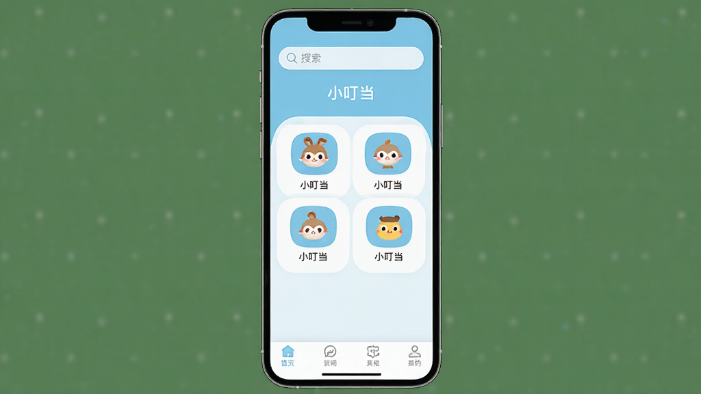 一张手机应用界面展示图,画面中央是“小叮当”APP的主界面,整体布局简洁清爽,顶部有搜索栏,中间排列着几个功能图标,底部是导航栏,整体色调以浅蓝色和白色为主,风格现代扁平,图标圆润可爱,画质干净清晰,无多余元素