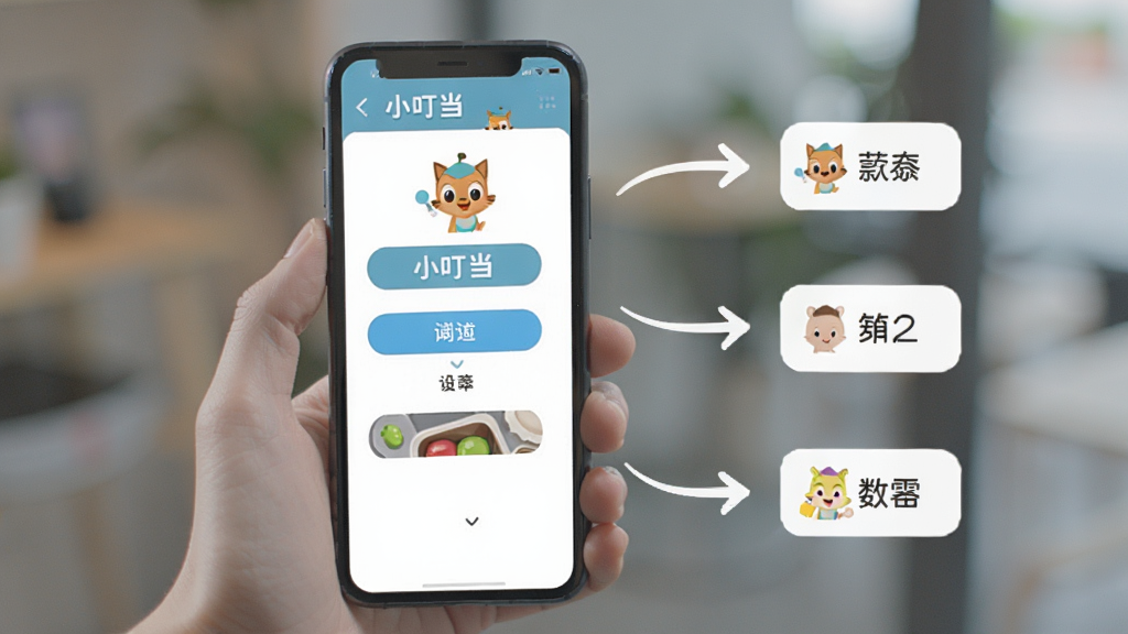 一张手机界面示意图,展示“小叮当”APP的操作流程,画面中一只手拿着手机,屏幕上显示功能选择界面,旁边有简单的箭头指示操作步骤,整体风格轻松活泼,背景虚化处理,突出手机屏幕内容,画质干净