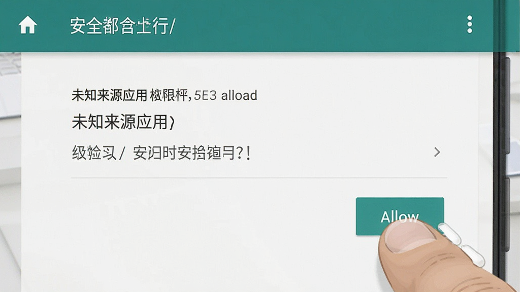 一张手机安全设置界面的示意图,画面展示安卓手机的“未知来源应用”权限设置页面,手指正在点击允许按钮,界面风格为原生安卓系统风格,文字清晰,整体画面简洁明了,画质干净无多余元素