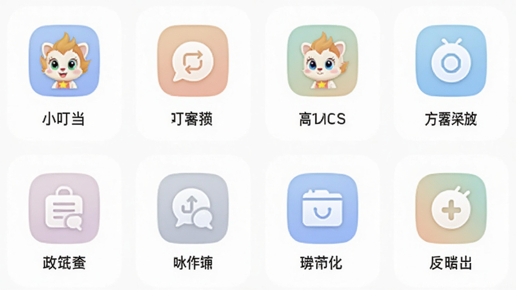 一张手机应用的功能展示图,画面中“小叮当”APP的多个功能卡片以网格形式排列,每个卡片代表一个实用小工具,图标风格统一为圆角矩形,配色柔和,整体画面干净整洁,无杂乱元素,画质清晰