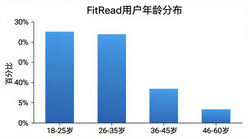 一张柱状图,标题为“FitRead用户年龄分布”。横轴是年龄段:18-25岁、26-35岁、36-45岁、46-60岁。纵轴是百分比。柱状图显示18-25岁占比30%,26-35岁占比40%,36-45岁占比20%,46-60岁占比10%。图表风格简洁,柱子为蓝色渐变,背景为白色。画质清晰,干净,无多余元素。