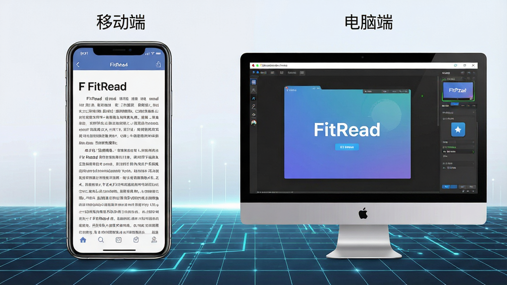一张信息图,展示FitRead在手机和电脑模拟器上的使用场景。左侧是手机竖屏显示阅读界面,右侧是电脑屏幕显示模拟器运行FitRead的横屏界面。布局为左右对比,背景是带有科技感的网格线条。排版上标注了“移动端”和“电脑端”的小字。风格是数码测评风,细节上体现屏幕的边框和设备的质感。画质清晰,干净,无多余元素。