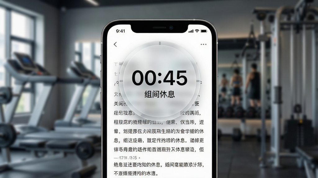FitRead应用界面展示,主体是手机屏幕特写,屏幕上显示一篇文字排版舒适的文章,文章上方悬浮着一个半透明的圆形计时器,上面显示“00:45”和“组间休息”字样。布局为手机居中,背景是健身房模糊的器械作为衬托。排版突出了悬浮窗的科技感与阅读界面的融合。风格是运动科技风,细节上体现计时器的磨砂玻璃质感和文字边缘的锐利度。画质清晰,干净,无多余元素。