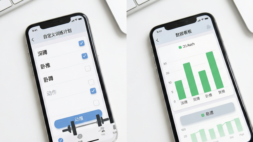 FitRead应用功能展示图,画面分为左右两部分。左边是手机屏幕显示自定义训练计划创建界面,有“深蹲”、“卧推”等动作列表和勾选框;右边是另一个手机屏幕显示数据看板,有简单的绿色柱状图。布局采用左右对比排列,背景是干净的白色桌面。排版强调界面的简洁和逻辑清晰。风格是扁平化商务风,细节上体现图表的清晰度和按钮的微质感。画质清晰,干净,无多余元素。