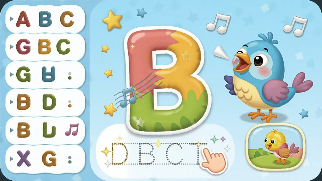 ����ѧӢ��ABCȤζ��ĸ��������������������һ���Ŵ�Ĳ�ɫ��ĸB���Ա�ͣ��һֻ��ͨС���ڳ��裬��ĸ�·�����˸�����켣����ָͼ�꣬�����������ĸ�б����Ҳ��ǻ������򣬷��Ϊ��ͯ�廭�磬ɫ��������ͣ�ϸ�������Ǻ�����Ʈ�������ʸɾ��޶���Ԫ��