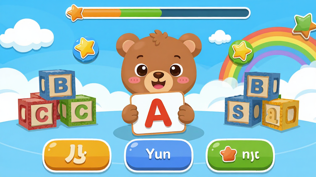 ����ѧӢ��ABC����������ȫòչʾ������������һ���ɰ��Ŀ�ͨС��������ĸA�Ŀ�Ƭ����Χɢ���Ų�ɫ��ĸ��ľ�����ǽ���ͼ�꣬������������������ƺͲʺ磬�����Ϸ��ǿγ̽��������м��ǻ���ѧϰ�����·��Ƕ��衢���ʡ���Ϸ������ť�����Ϊ��ƽ����ͨ�廭�磬ϸ��Բ��ɰ������ʸ���ɾ��޶���Ԫ��
