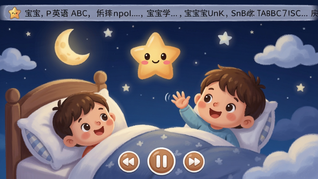����ѧӢ��ABC�龰���趯�����Ž��棬����չʾһ��ҹ����������ͨС����������ɫ�����գ�ۣ��·��п�ͨС�������ڴ��ϻ��֣������Ϸ��Ǹ�ʹ��������м��Ƕ������������·��ǲ��ſ��ư�ť�����Ϊ��ܰͯ���廭�磬ϸ�����������ƶ䣬������͸ɾ��޶���Ԫ��