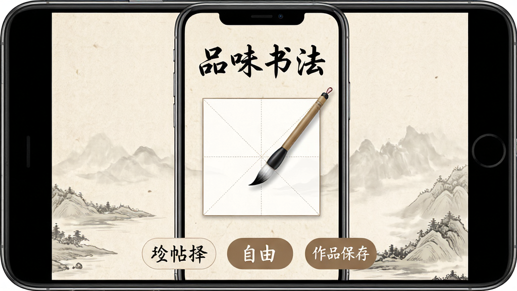 Ʒζ�鷨 App ������չʾ���ֻ���Ļ������ʾһ�����ӵ��鷨��ϰ���棬������ǳ��ɫ��ֽ��������Ļ�Ϸ��С�Ʒζ�鷨���ĸ�ë���ֱ��⣬�м������ָ��һ֧����ë�ʣ��·�������ѡ��������д����Ʒ����������ť�������׺��īɽˮ��Ԫ�أ��������Լ�й��磬���������ɾ����޶���Ԫ�ء�