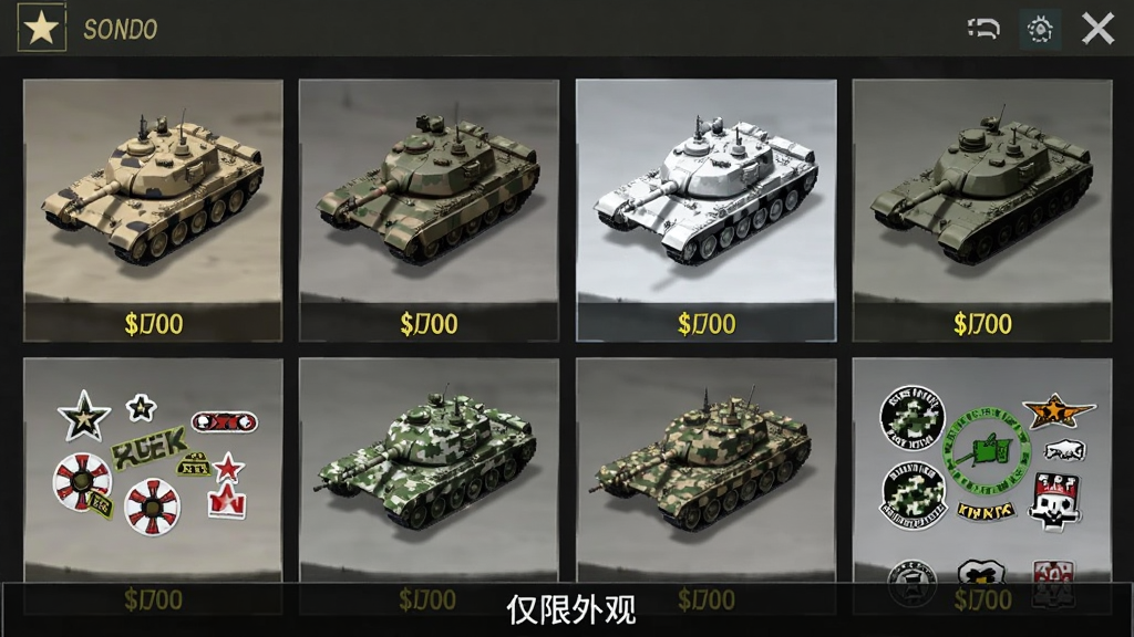一张坦克争锋游戏内商城界面的截图,画面中展示的是各种坦克涂装和贴花,有沙漠迷彩、雪地涂装、城市数码迷彩等,每个道具下方有价格标签,但没有任何属性加成标识,画面底部有