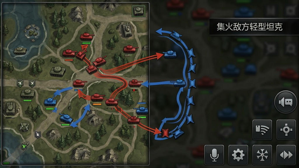 一张坦克争锋游戏内小地图和战术标记的图片,画面中小地图上标有红蓝双方的坦克图标,有玩家在标记进攻路线和防守点位,地图旁边有语音聊天图标和快捷指令按钮,画面一角显示
