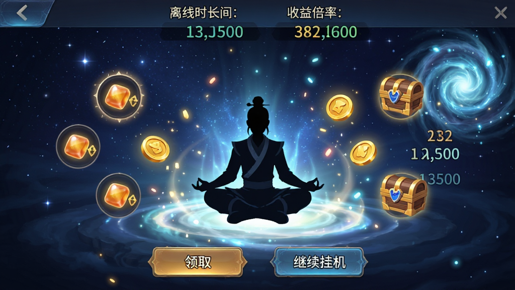 �������� ���߹һ����������棬���������ǽ�ɫ���������ļ�Ӱ����ΧƯ���ž��鵤����ҡ�װ�����ӵ�ͼ�꣬�Ϸ���ʾ����ʱ�������汶�ʣ��·�����ȡ��ť������һ�ѡ��������ǿ����������У����Ϊ�����ϷUI��ϸ���й�Ч�������������������������������ɾ����޶���Ԫ��