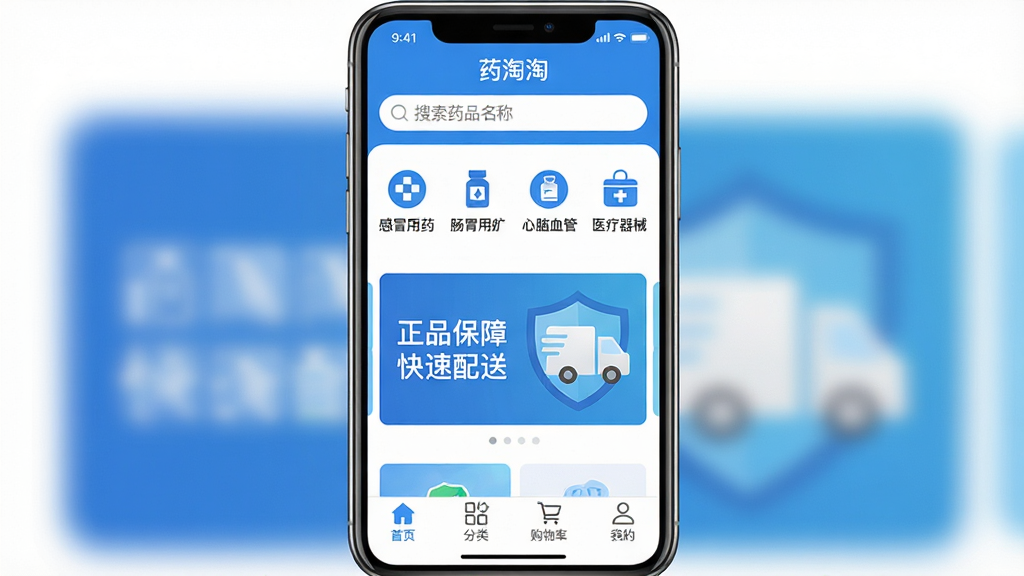 药淘淘应用主界面展示,画面中央是一部智能手机,屏幕显示药淘淘APP首页,顶部搜索框写着“搜索药品名称”,下方分类图标包含感冒用药、肠胃用药、心脑血管、医疗器械等,中间有轮播图展示“正品保障 快速配送”字样,底部导航栏为首页、分类、购物车、我的四个选项,整体以蓝白配色为主,风格干净清爽,扁平化设计,画质清晰,无多余元素