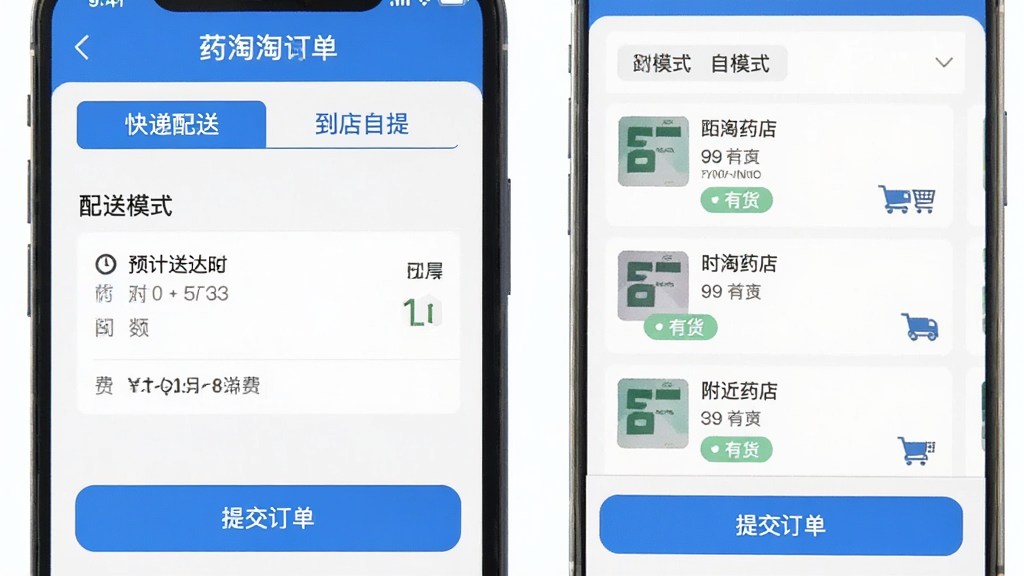 药淘淘配送与自提选择页面,手机屏幕显示订单结算界面,上方有“快递配送”和“到店自提”两个选项卡,配送模式下显示预计送达时间和配送费,自提模式下显示附近药店列表,每家药店标注距离、营业时间和“有货”标签,底部是“提交订单”按钮,整体界面清晰,蓝白配色,扁平化设计,画质干净无多余元素