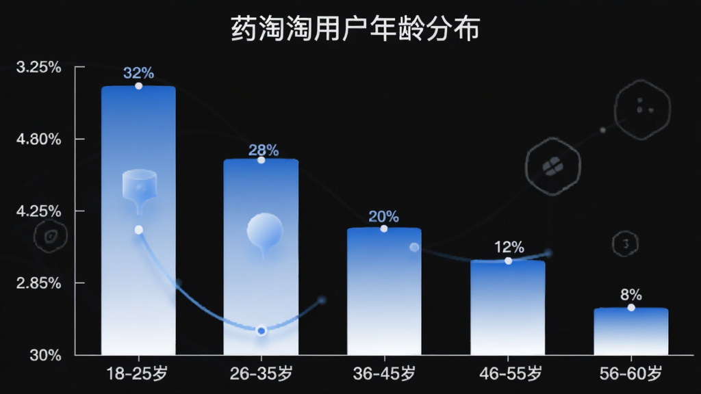 药淘淘用户年龄分布柱状图,横轴为年龄段18-25岁、26-35岁、36-45岁、46-55岁、56-60岁,纵轴为用户占比百分比,柱状图显示26-35岁占比最高约32%,36-45岁约28%,46-55岁约20%,18-25岁约12%,56-60岁约8%,图表标题为“药淘淘用户年龄分布”,配色为蓝白渐变,风格简洁现代,画质清晰无多余元素