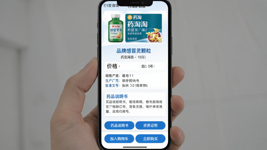 药淘淘药品详情页,手机屏幕显示某品牌感冒灵颗粒的详细信息,页面顶部是药品图片和名称,中间有价格、规格、生产厂家、批准文号,下方有“药品说明书”和“资质证照”两个按钮,底部是“加入购物车”和“立即购买”按钮,页面设计简洁,蓝白配色,信息层级分明,画质清晰无多余元素