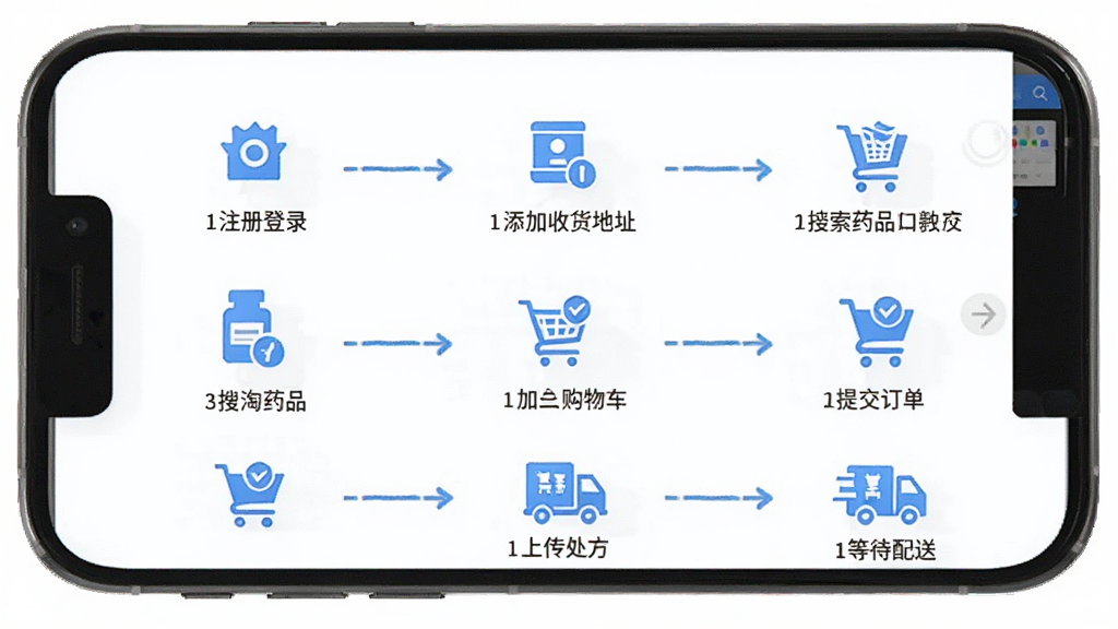 药淘淘使用教程示意图,手机屏幕显示药淘淘APP操作流程,从上到下依次为注册登录、添加收货地址、搜索药品、加入购物车、提交订单、上传处方、等待配送七个步骤,每个步骤配有小图标和简短文字说明,整体以流程图形式呈现,蓝白配色,风格简洁明了,画质清晰无多余元素