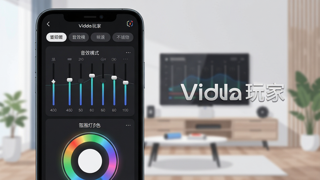 һ��Vidda���App��Ч���ڽ����ͼƬ���������ֻ���Ļչʾ������������壬�����Ϸ�����Чģʽѡ����м���Ƶ�ε��ڻ��飬�·��Ƿ�Χ����ɫѡ��Բ�̣������ǿ�������������ִ���ƽ��ϸ���ϻ����Բ�̴�����΢��Ч�����ʸɾ��޶���Ԫ�أ�ͼƬ�����ֱ�ע��Vidda��ҡ���