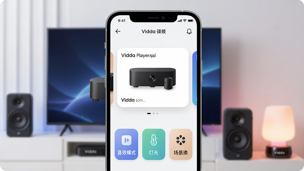 һ��չʾVidda���App���Ľ����ͼƬ���������ֻ���Ļ��ʾVidda���App�����棬�����м��������ӵ�Vidda�����豸��Ƭ���·���������Чģʽ���ƹ���ơ������л��ȹ��ܰ�ť���ֻ���Χ������Vidda���ӡ�����ͷ�Χ�Ƶ��豸�����Ƽ���ʮ���Ҽ�����죬ϸ���ϰ�ťͼ��Բ�����������ʸɾ��������޶���Ԫ�ء�