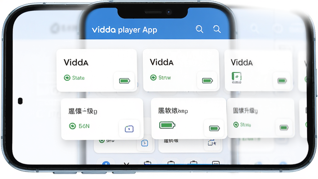 һ��չʾVidda���App�豸���������ͼƬ���������ֻ���Ļ��ʾ�豸�б��������Ϸ��Ǳ��������м��Ƕ��Vidda�豸��Ƭ��ÿ����Ƭ��ʾ�豸���ơ�����״̬�͵���ͼ�꣬�·��ǹ̼�������ť�������������ϸ���Ͽ�Ƭ������΢��Ӱ�����ʸɾ��������޶���Ԫ�ء�