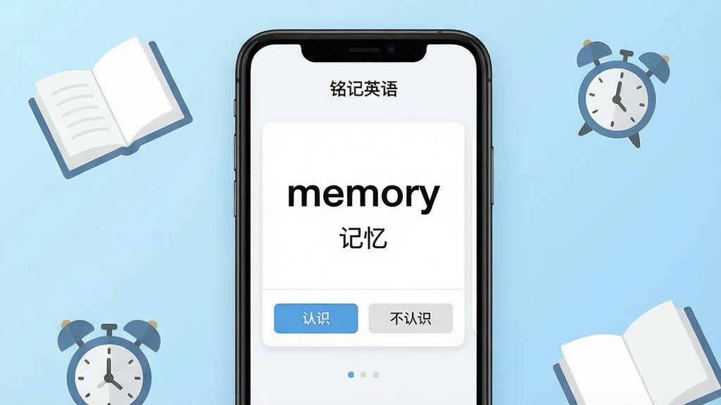 一款名为“铭记英语”的手机APP界面展示,画面中央是手机屏幕,屏幕内显示简洁的单词卡片界面,白底黑字展示英文单词“memory”及中文释义“记忆”,下方有“认识”和“不认识”两个按钮,背景是浅蓝色渐变,周围点缀着翻开的书本和闹钟图标,整体风格清新简约,扁平化设计,细节干净,画质清晰无多余元素