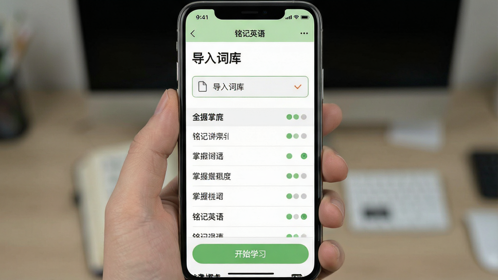 一张手机屏幕截图风格的图片,画面中显示“铭记英语”的自定义词库导入界面,顶部有“导入词库”标题,中间是一个文件选择框,下方显示已导入的单词列表,每个单词旁边有掌握程度的小圆点,界面底部有“开始学习”按钮,整体布局清晰,配色以白色和浅绿色为主,画质干净,无多余元素