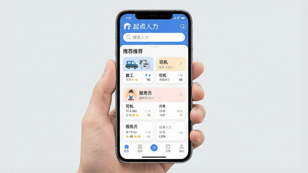 一张展示“起点人力”App核心界面的手机屏幕截图。主体是一部手持智能手机,屏幕中显示“起点人力”的App主页面,布局清晰,顶部搜索框,中间是卡片式推荐的岗位列表,如“普工”、“司机”、“服务员”,底部是导航栏。排版简洁,风格为现代扁平化设计,细节圆润,画质干净明亮,背景为浅灰色。