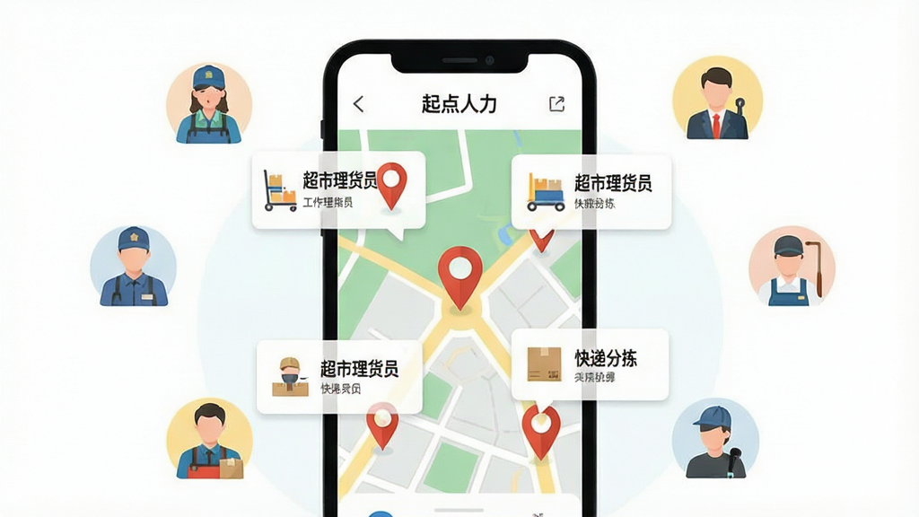 生图提示词:一幅展示“起点人力”App附近工作功能的插画。画面主体是一个手机地图界面,上面用图钉标注了多个工作地点,旁边弹出小卡片显示“超市理货员”、“快递分拣”等岗位。布局以手机为中心,周围环绕着代表不同职业的小图标。风格为清新扁平化插画,细节丰富,画质干净,背景简洁。