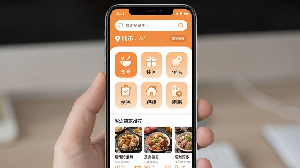 ��������App������ȫòչʾ������������һ�������ֻ�����Ļ����ʾ��������App����ҳ���������������Ͷ�λ���У��в��ǹ��ܷ���ͼ�����������ʳ�����С��������ȵ���ڣ��·��Ǹ����̼��Ƽ��б���������ɫ��ů��ɫ�Ͱ�ɫΪ����������¼�࣬��ƽ����ƣ�ͼ��Բ�󣬻��ʸɾ��������޶���Ԫ�ء�